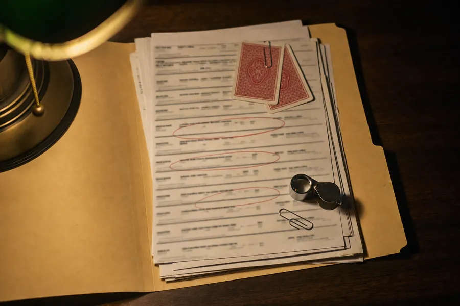 An open case folder with hand histories and circled rows