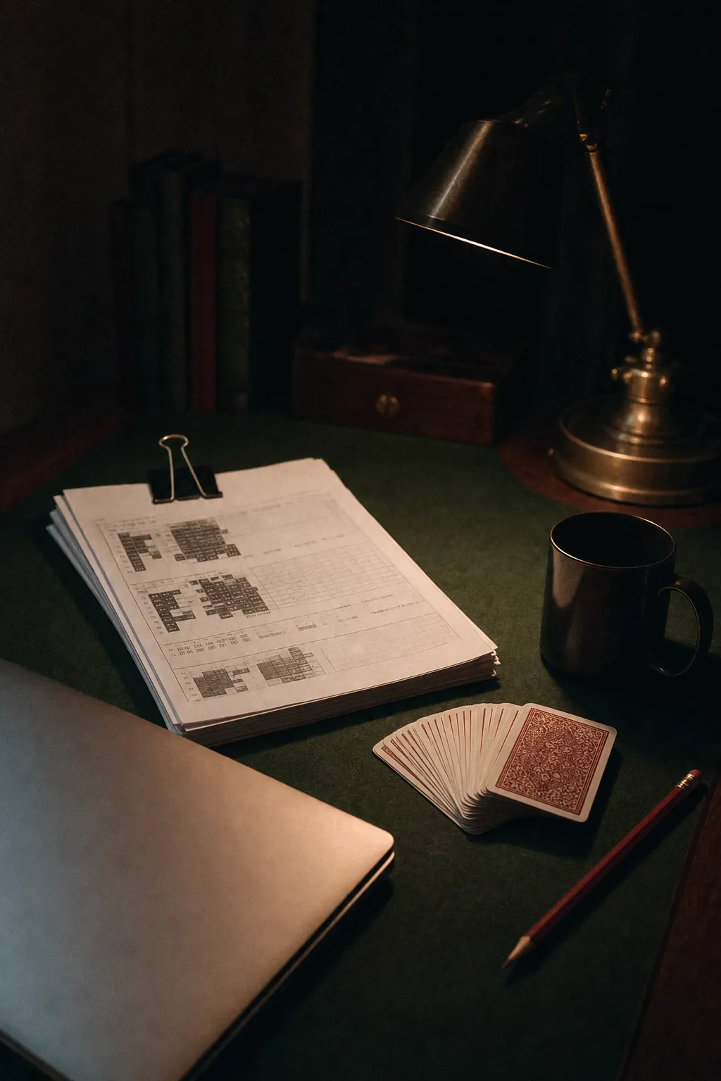 An analyst's desk with printed hand histories and a fanned deck