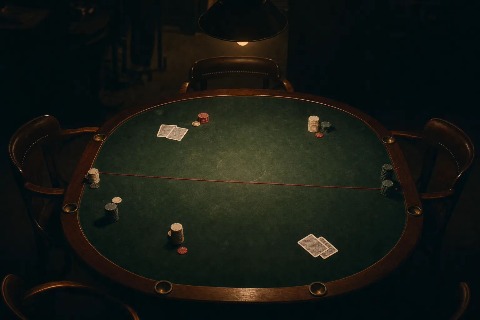 An empty poker table at night with a red thread pinned between two seats