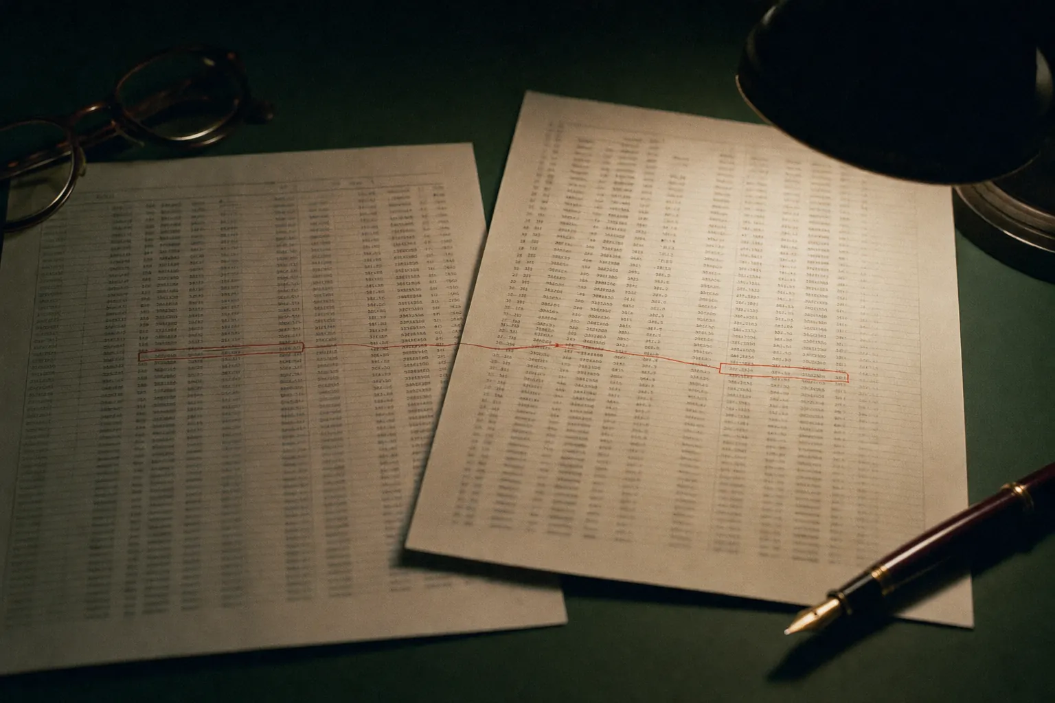 Trade blotter pages with two rows boxed in red and joined by a line