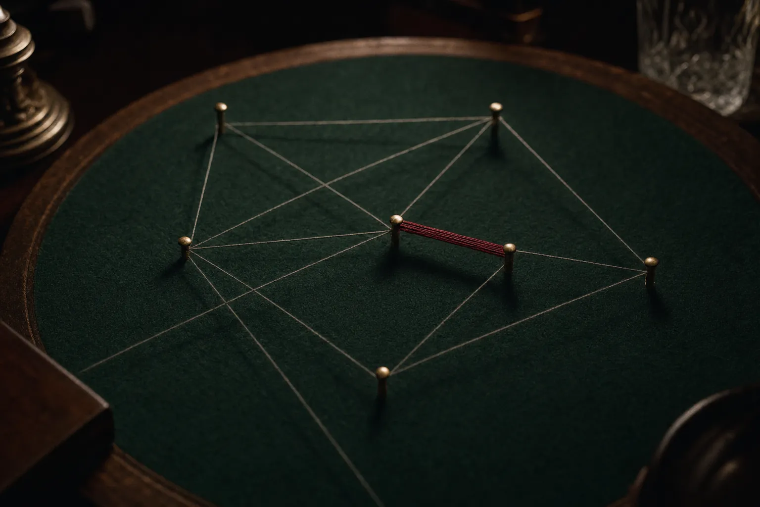 Brass pins on felt, one pair bound with red thread