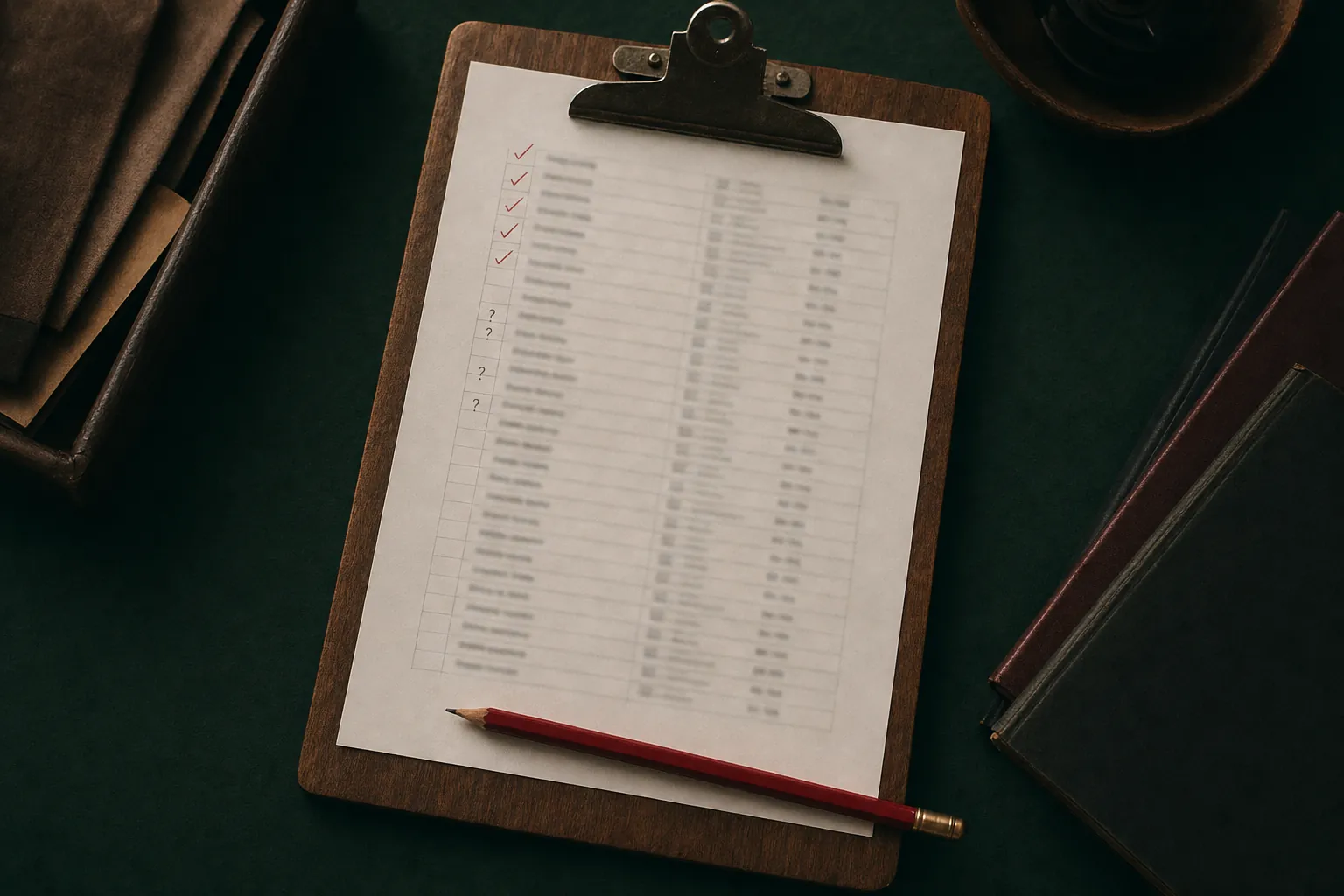 A printed ranked list on a clipboard with the top rows ticked in red